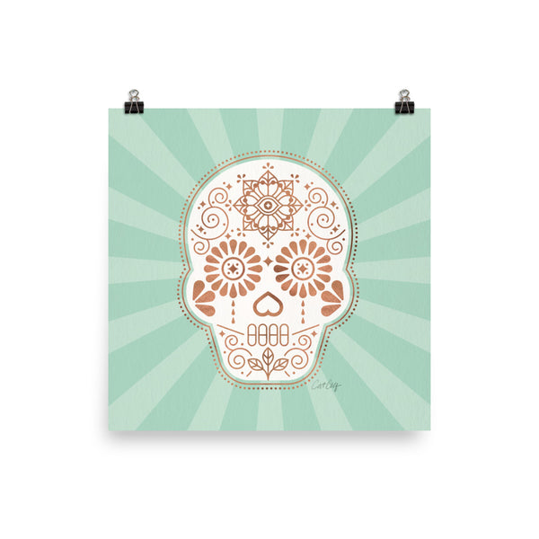 Día de Muertos • Mexican Sugar Skull – Mint & Rose Gold Palette • Art Print