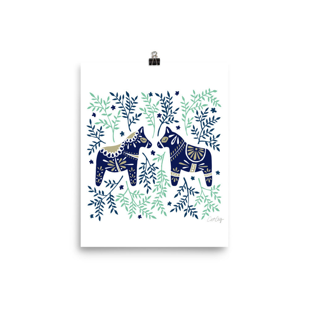 Swedish Dala Horses – Navy & Mint Palette • Art Print