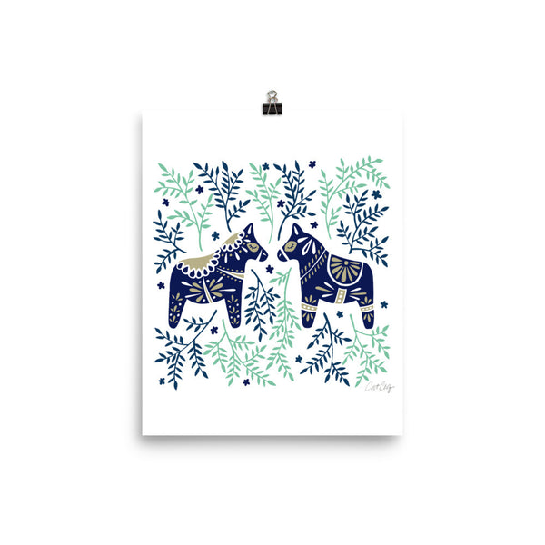 Swedish Dala Horses – Navy & Mint Palette • Art Print