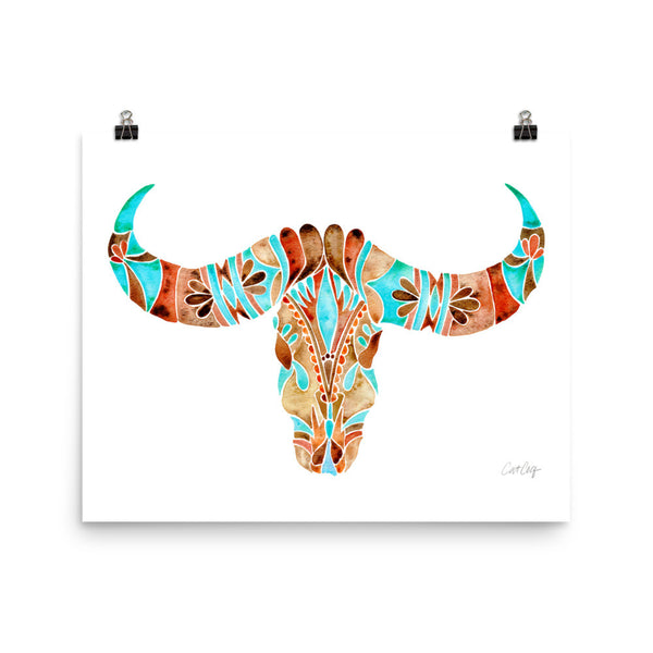 Water Buffalo Skull – Sepia & Turquoise Palette  •  Art Print