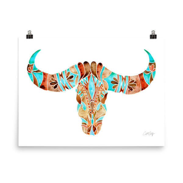 Water Buffalo Skull – Sepia & Turquoise Palette  •  Art Print