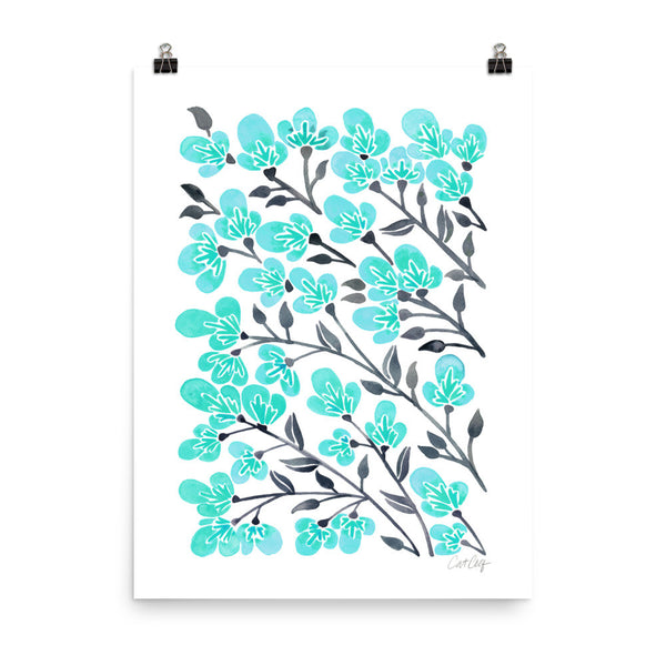 Cherry Blossoms – Turquoise & Grey Palette • Art Print