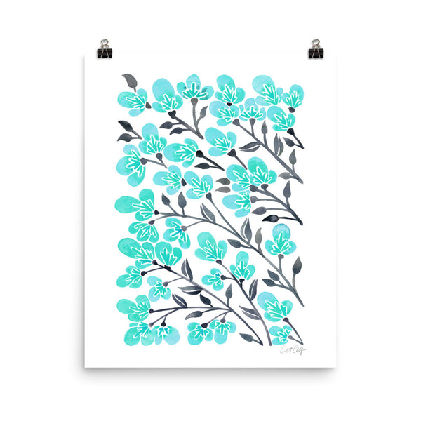 Cherry Blossoms – Turquoise & Grey Palette • Art Print