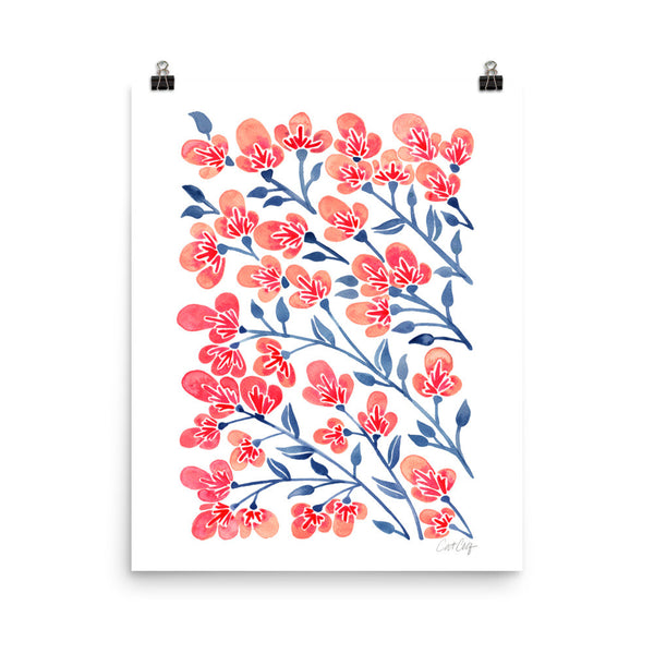 Cherry Blossoms – Melon & Navy Palette • Art Print