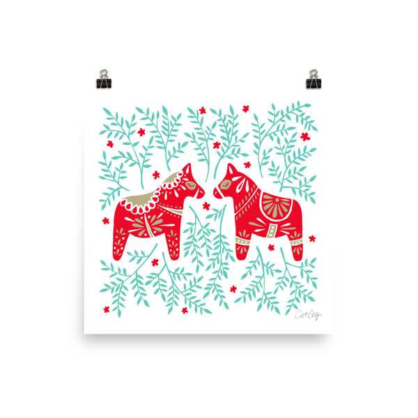 Swedish Dala Horses – Red & Mint Palette • Art Print