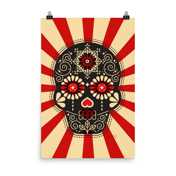 Día de Muertos – Mexican Sugar Skull – Crimson & Cream Starburst • Art Print