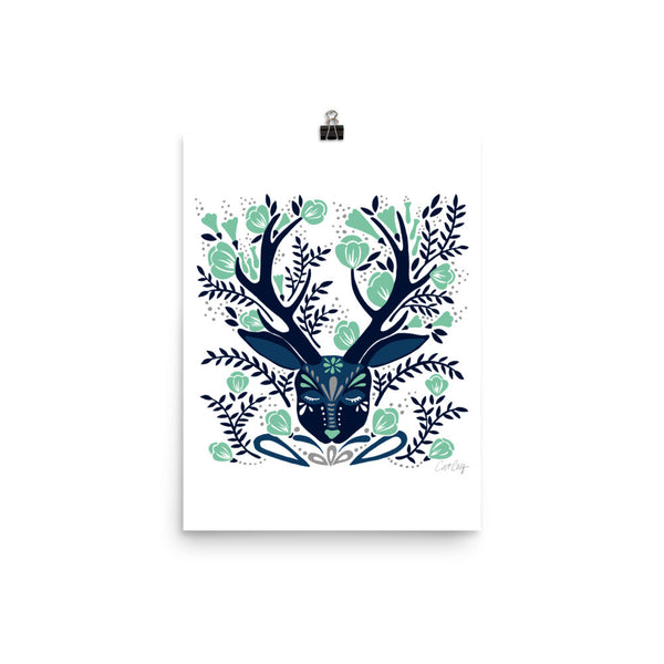 Floral Antlers – Navy & Mint Palette • Art Print