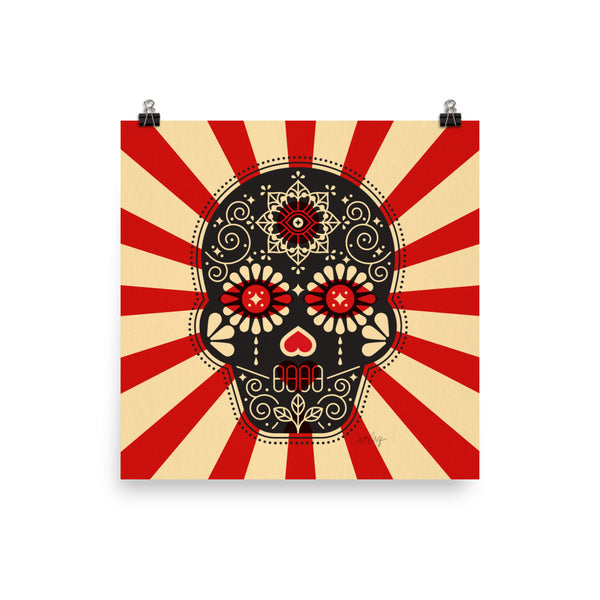 Día de Muertos – Mexican Sugar Skull – Crimson & Cream Starburst • Art Print