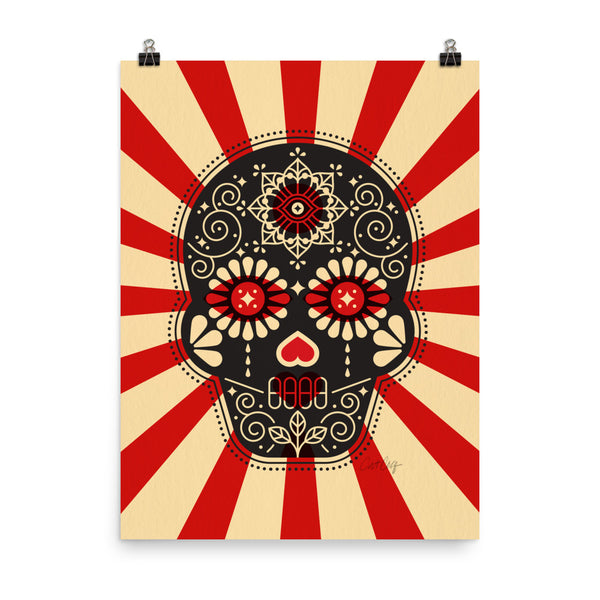 Día de Muertos – Mexican Sugar Skull – Crimson & Cream Starburst • Art Print