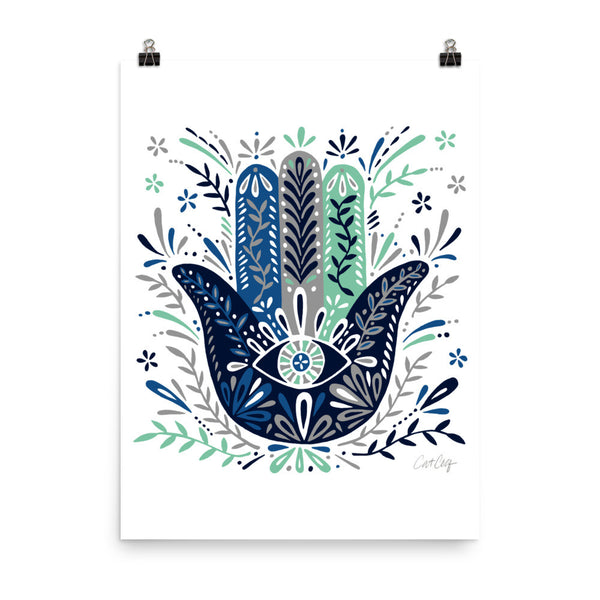 Hamsa Hand – Navy & Mint Palette • Art Print