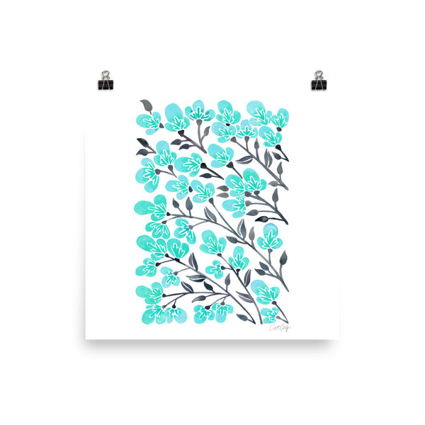 Cherry Blossoms – Turquoise & Grey Palette • Art Print