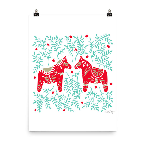 Swedish Dala Horses – Red & Mint Palette • Art Print