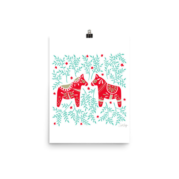 Swedish Dala Horses – Red & Mint Palette • Art Print