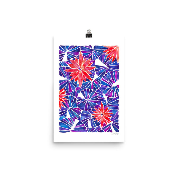 Water Lilies – Cherry & Indigo Palette  •  Art Print