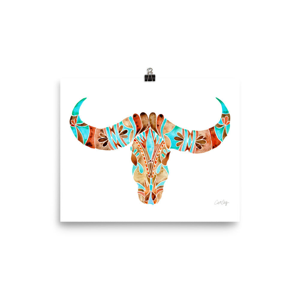 Water Buffalo Skull – Sepia & Turquoise Palette  •  Art Print