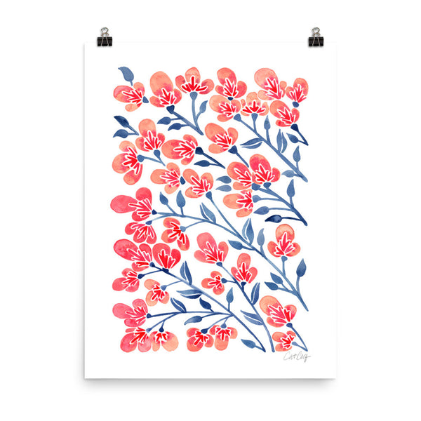 Cherry Blossoms – Melon & Navy Palette • Art Print
