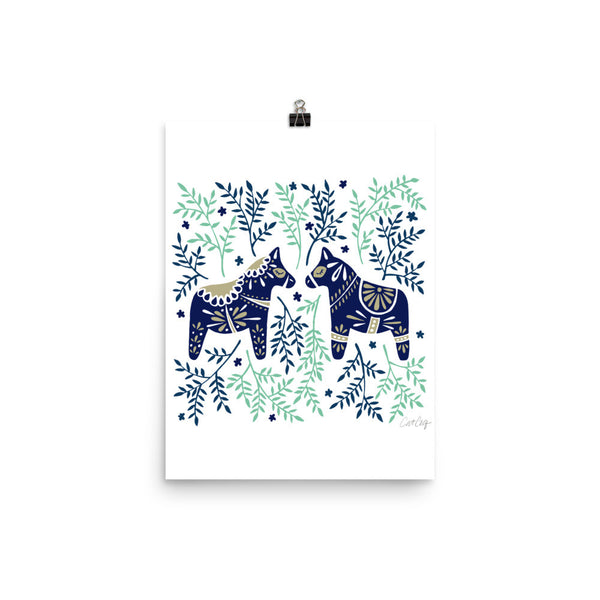 Swedish Dala Horses – Navy & Mint Palette • Art Print