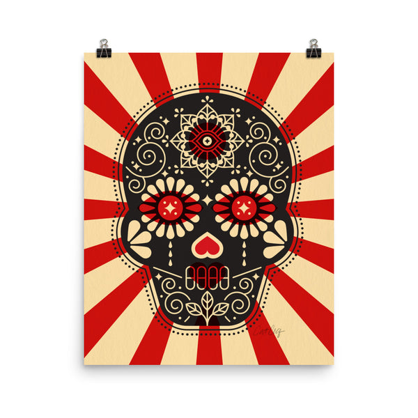 Día de Muertos – Mexican Sugar Skull – Crimson & Cream Starburst • Art Print