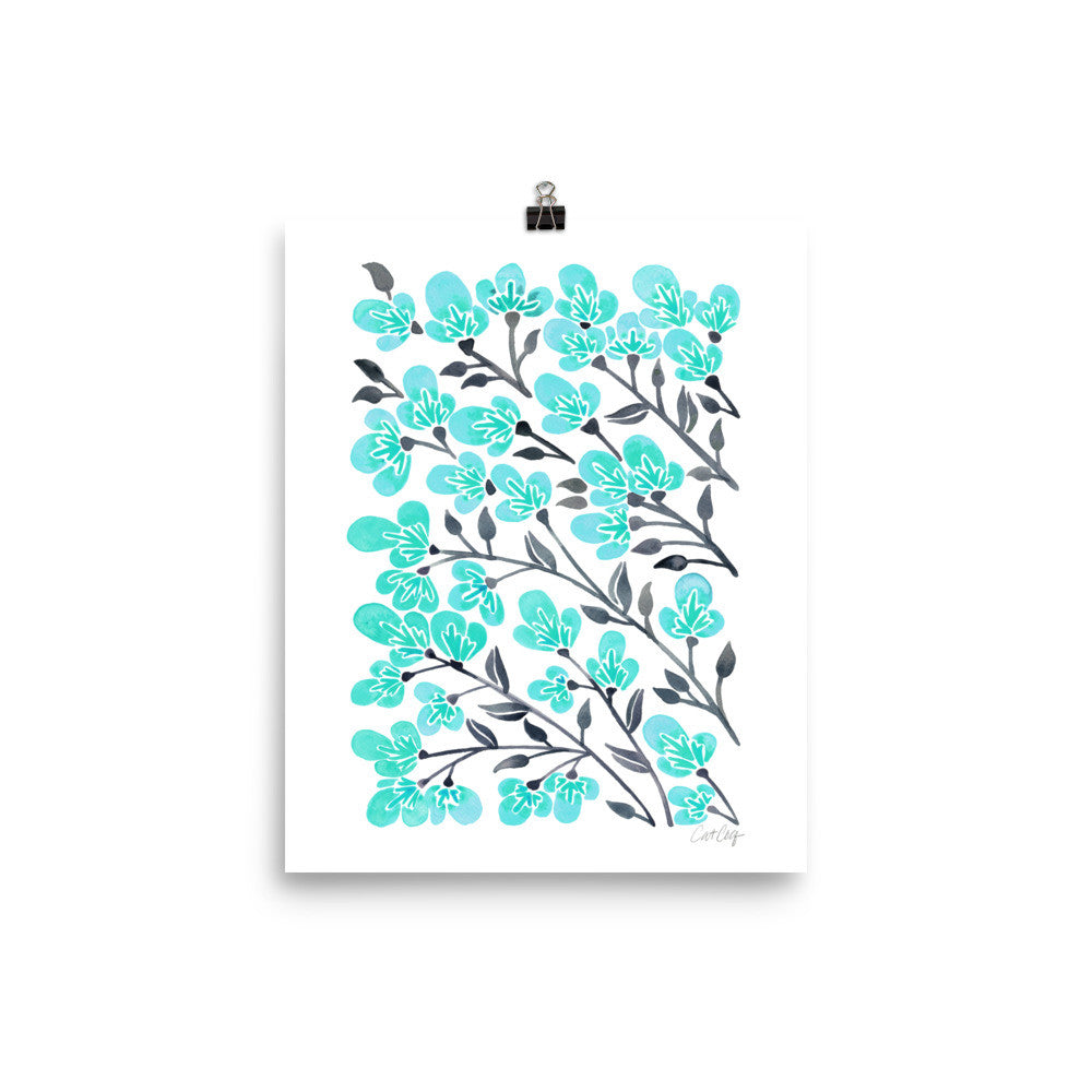 Cherry Blossoms – Turquoise & Grey Palette • Art Print