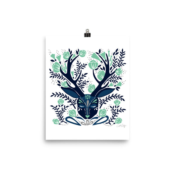 Floral Antlers – Navy & Mint Palette • Art Print