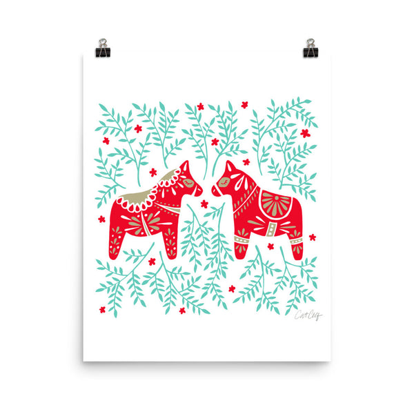 Swedish Dala Horses – Red & Mint Palette • Art Print