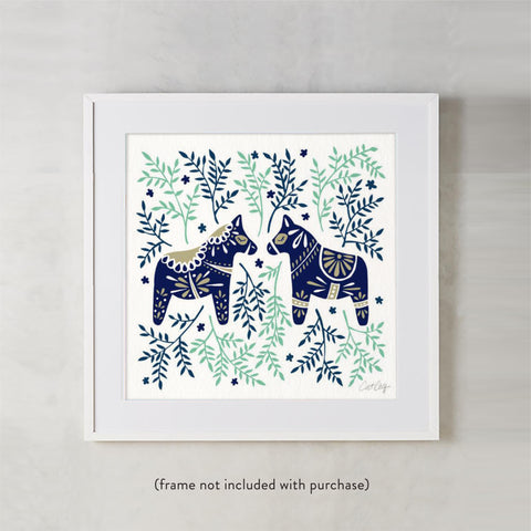 Swedish Dala Horses – Navy & Mint Palette • Art Print