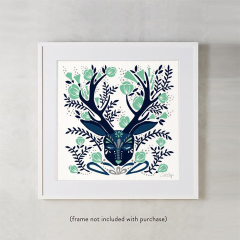 Floral Antlers – Navy & Mint Palette • Art Print