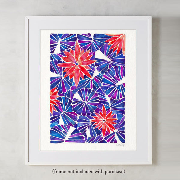 Water Lilies – Cherry & Indigo Palette  •  Art Print