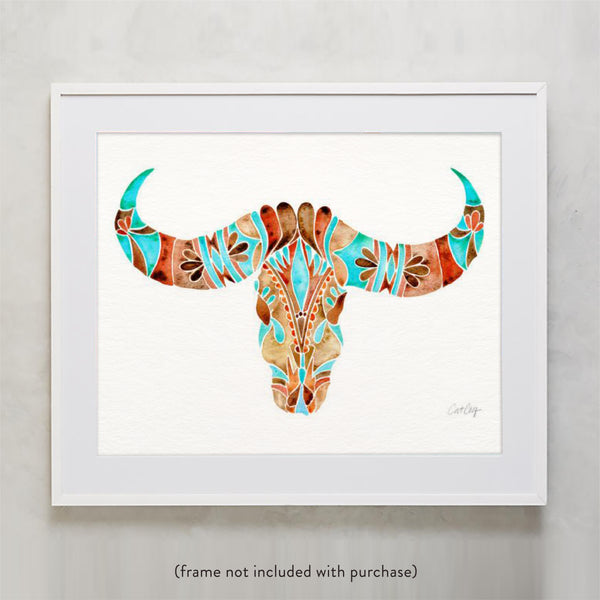 Water Buffalo Skull – Sepia & Turquoise Palette  •  Art Print