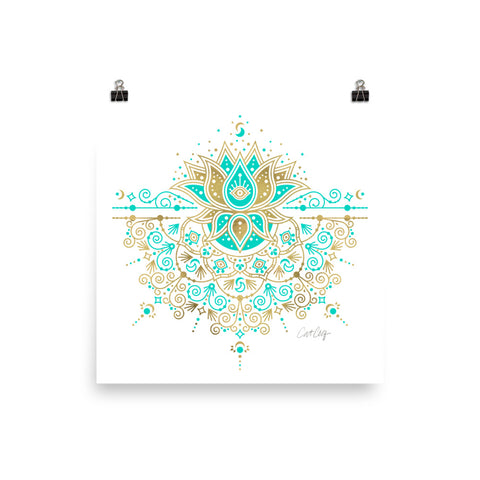 Sacred Lotus Mandala – Turquoise & Gold Palette • Art Print