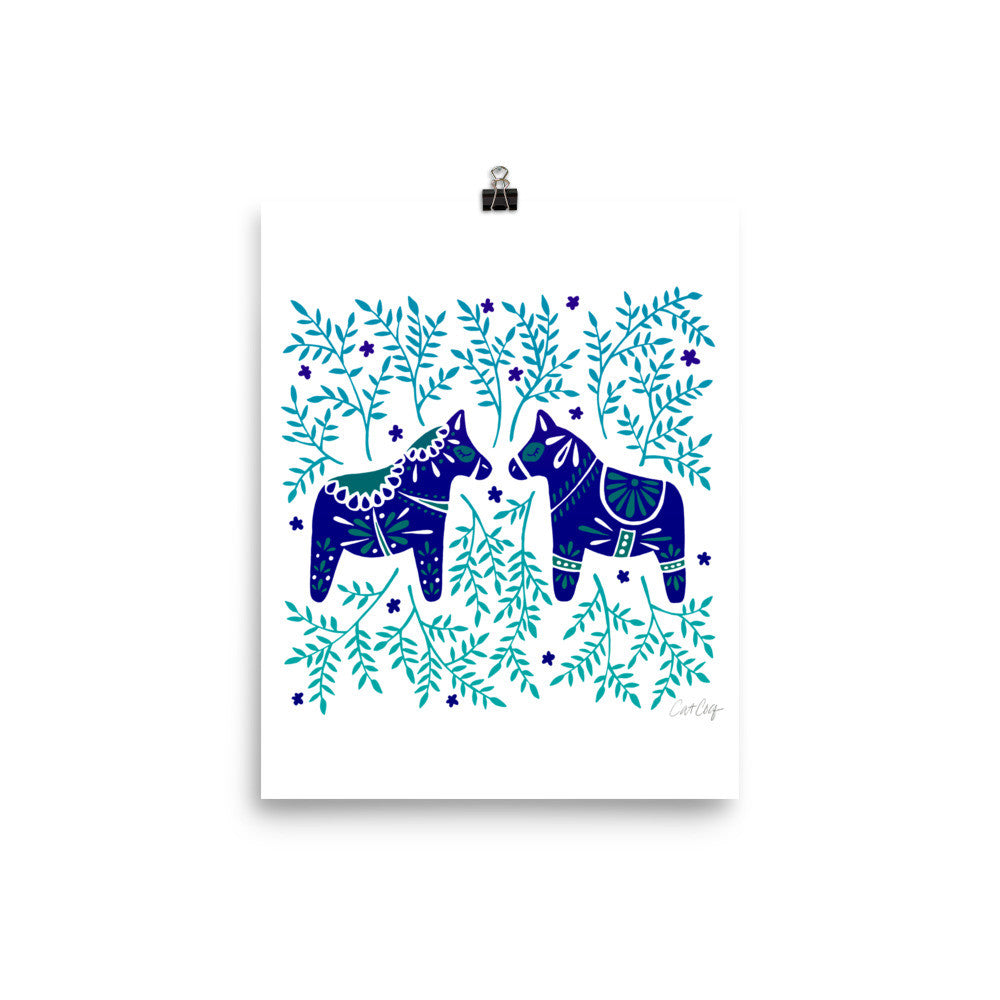 Swedish Dala Horses – Navy & Blue Palette • Art Print