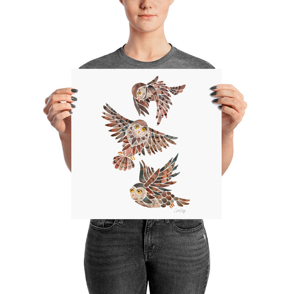Owls in Flight – Brown Palette • Art Print