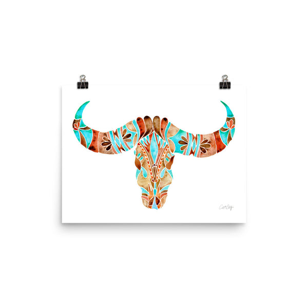 Water Buffalo Skull – Sepia & Turquoise Palette  •  Art Print