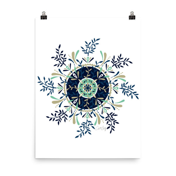 Leaf Mandala – Navy & Mint Palette • Art Print