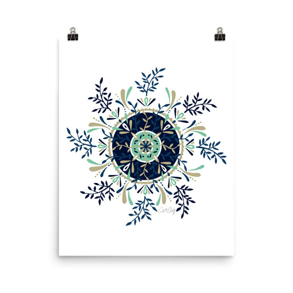 Leaf Mandala – Navy & Mint Palette • Art Print