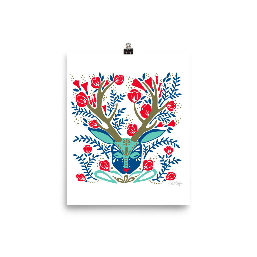 Floral Antlers – Red & Navy Palette • Art Print