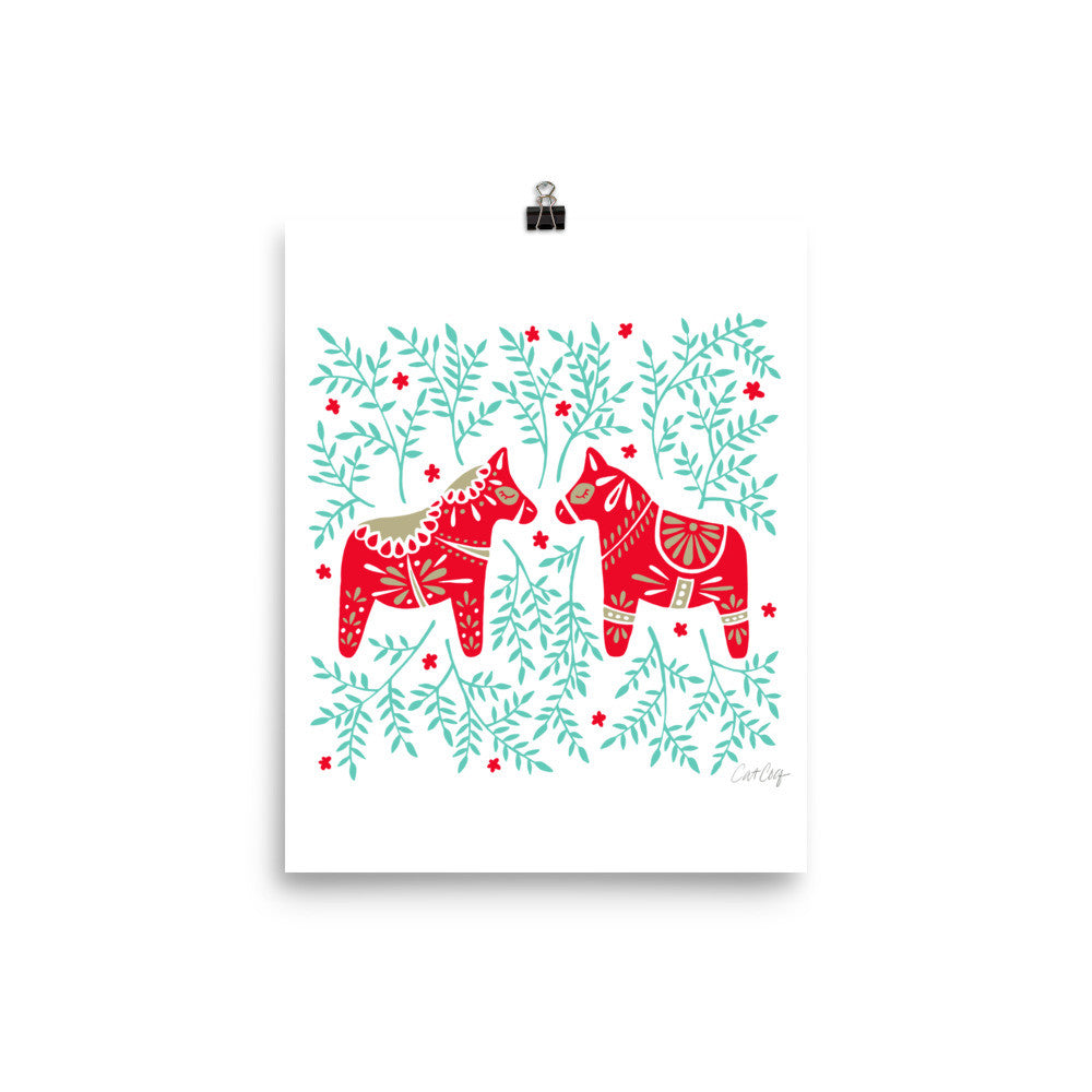 Swedish Dala Horses – Red & Mint Palette • Art Print