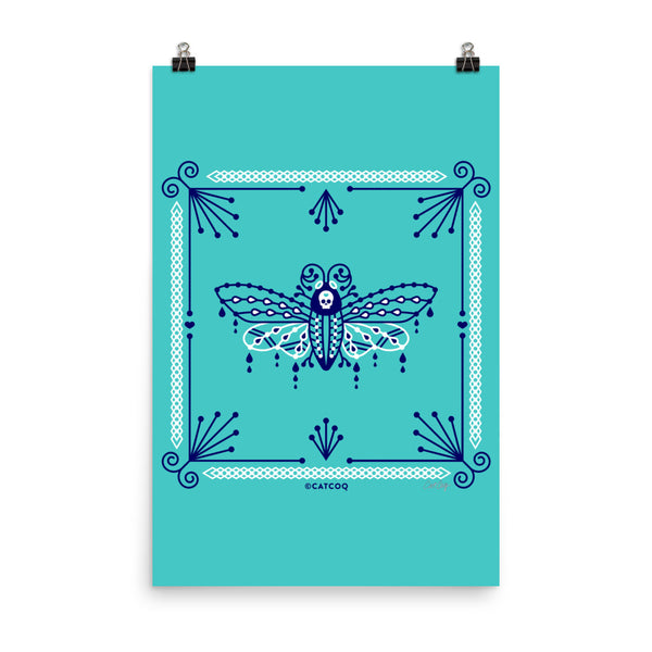 Death's Head Hawkmoth – Navy and White on Turquoise • Art Print