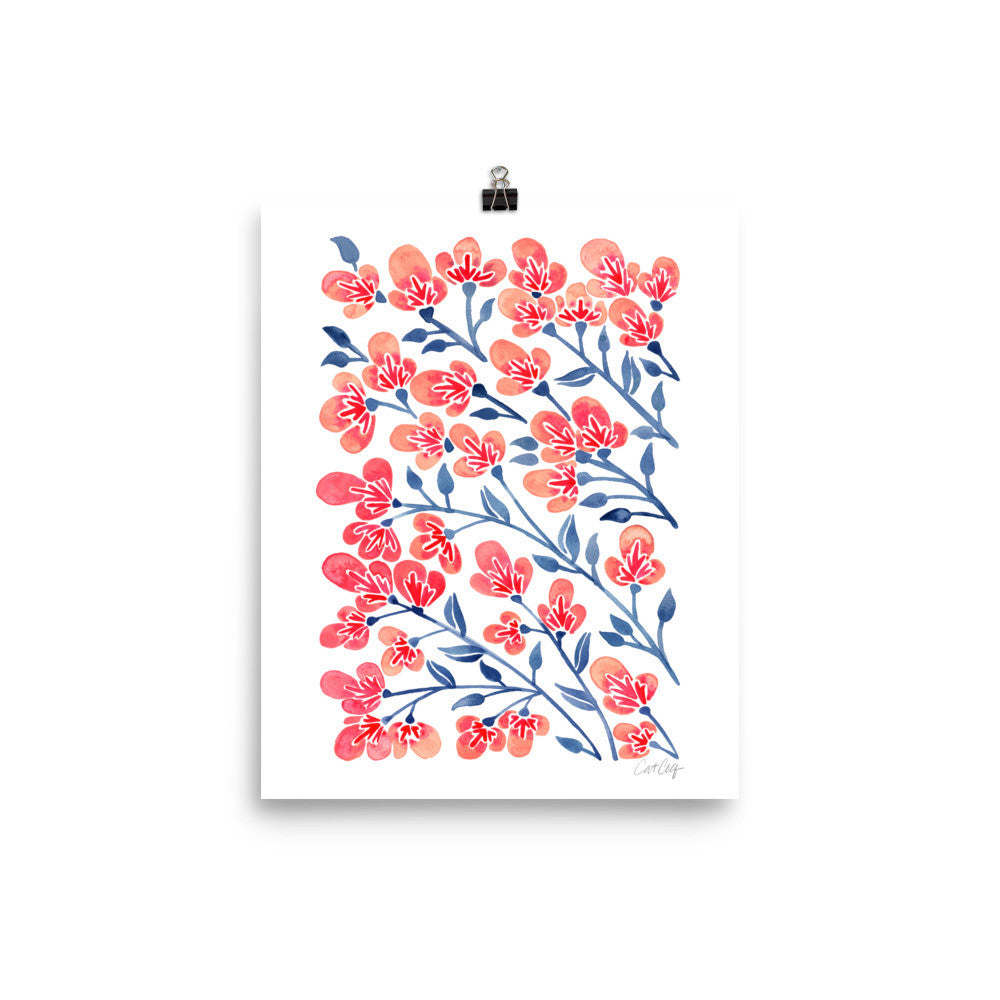 Cherry Blossoms – Melon & Navy Palette • Art Print