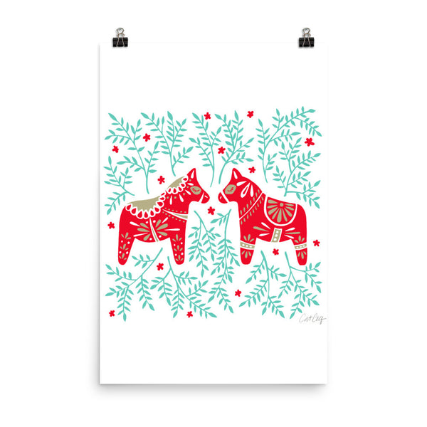 Swedish Dala Horses – Red & Mint Palette • Art Print