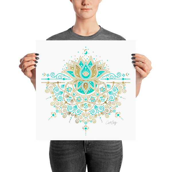 Sacred Lotus Mandala – Turquoise & Gold Palette • Art Print
