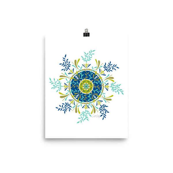 Leaf Mandala – Blue & Lime Palette • Art Print
