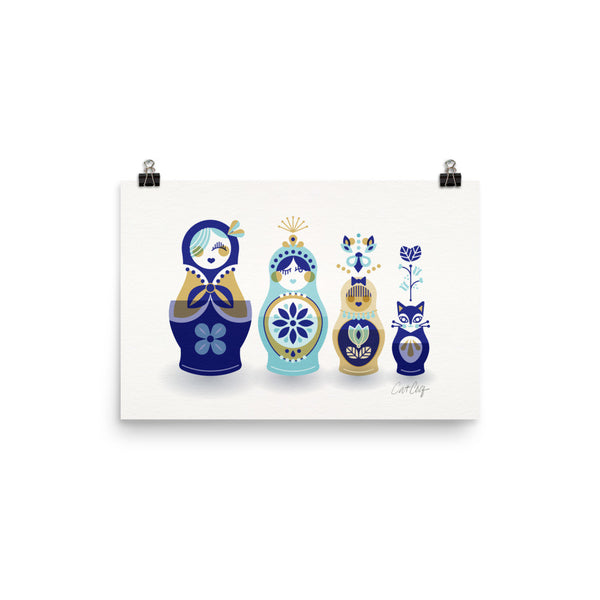 Russian Nesting Dolls – Blue & Gold Palette • Art Print