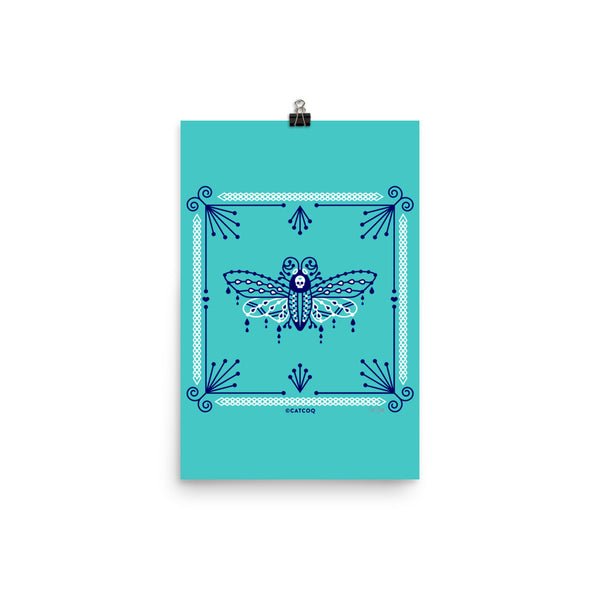 Death's Head Hawkmoth – Navy and White on Turquoise • Art Print