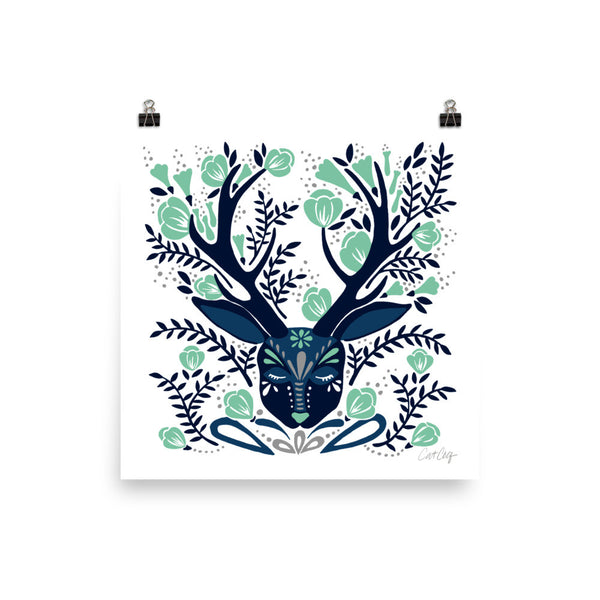 Floral Antlers – Navy & Mint Palette • Art Print