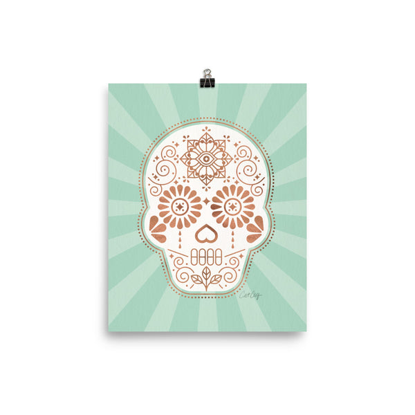 Día de Muertos • Mexican Sugar Skull – Mint & Rose Gold Palette • Art Print