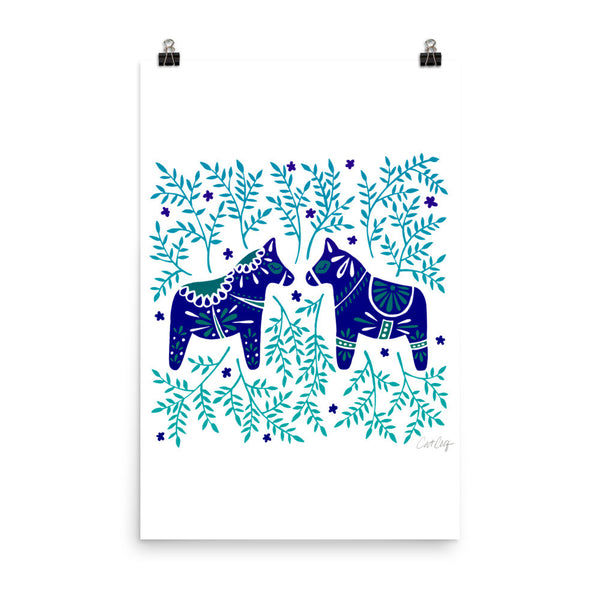 Swedish Dala Horses – Navy & Blue Palette • Art Print