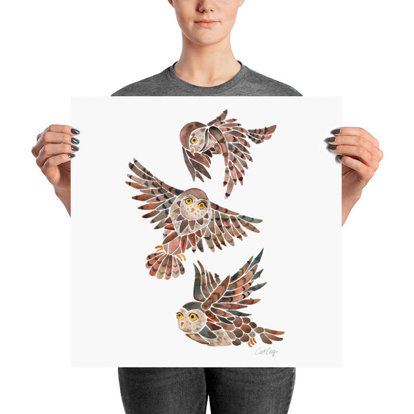 Owls in Flight – Brown Palette • Art Print