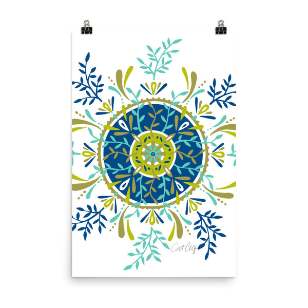 Leaf Mandala – Blue & Lime Palette • Art Print