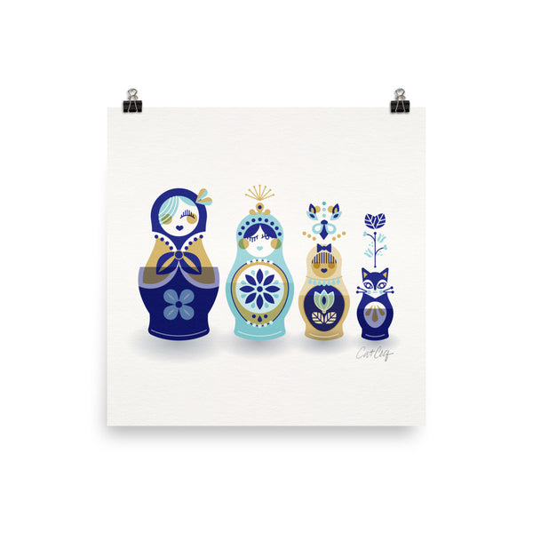Russian Nesting Dolls – Blue & Gold Palette • Art Print